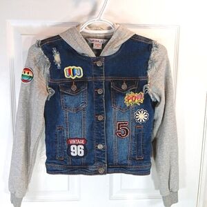 1st Kiss Girls Denim Hoodie Jacket Embroidered Patches Blue Grey Size L